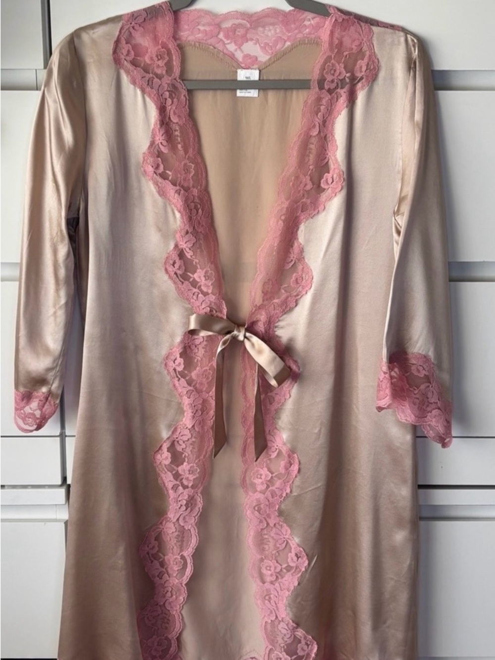 Anthropologie Satin Robe with Pink Lace Trim Medium